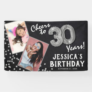 Cheers to 30 Years Silver Balloon 2 Photo Birthday Banner