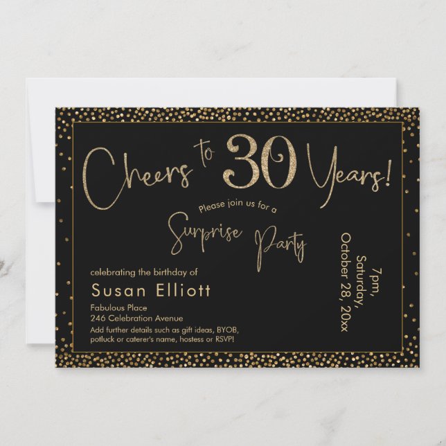 Cheers to 30 Years Surprise Birthday Gold & Black Invitation (Front)