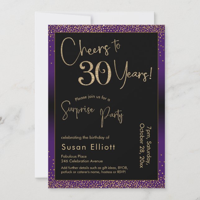 Cheers to 30 Years Surprise Birthday Party, Purple Invitation (Front)