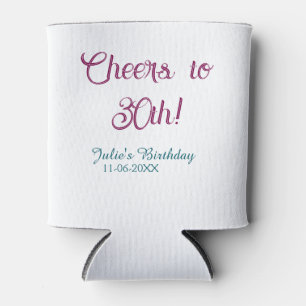 Cheers to 30th birthday name date mauve blue elega can cooler
