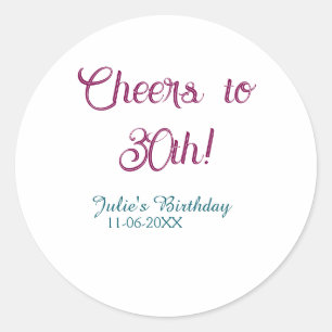 Cheers to 30th birthday name date mauve blue elega classic round sticker