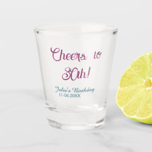 Cheers to 30th birthday name date mauve blue elega shot glass