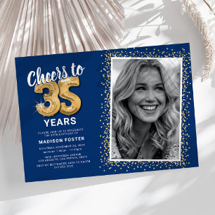 Cheers to 35 Years Navy Gold Photo Invitation