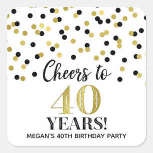 Cheers to 40 Years Birthday Gold Black Confetti Square Sticker