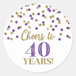 Cheers to 40 Years Birthday Gold Purple Confetti Classic Round Sticker