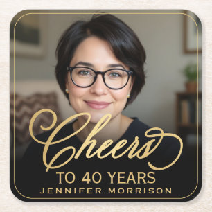 Cheers to 40 Years Birthday Photo Gold Black Square Paper Coaster