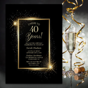 Cheers to 40 Years Black Gold Birthday Party Invitation