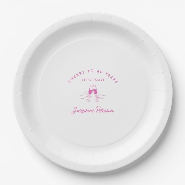 Cheers to 40 Years Pink 40th Birthday Custom Paper Plate (Front)