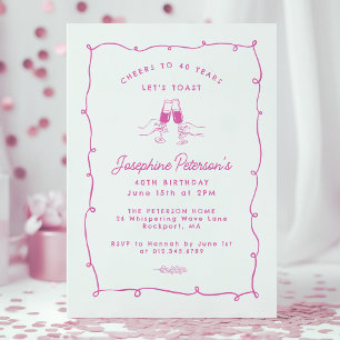 Cheers to 40 Years Pink Whimsical Doodle Invitation