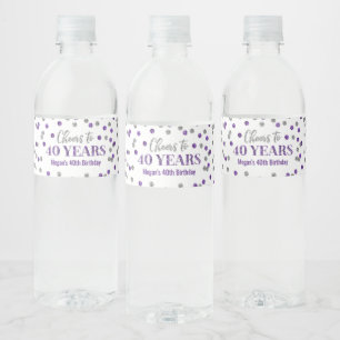 Cheers to 40 Years Purple Silver Confetti Birthday Water Bottle Label