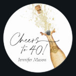 Cheers to 40th Birthday Champagne Classic Round Sticker<br><div class="desc">Cheers to 40th Birthday Party Round Label. A perfect finishing touch to your invitation envelopes or Favour Bags. Designed with a beautiful watercolor Gold Champagne Bottle.  Matching items in our store Cava Party Design.</div>