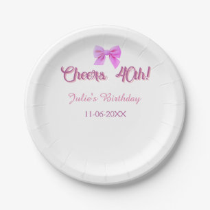 Cheers to 40th birthday name date mauve pink bow paper plate