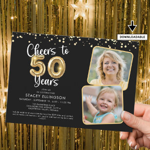 Cheers to 50 Years2 Photos Script Balloon Confetti Invitation