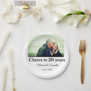 cheers to 50 years anniversary add name photo date paper plate