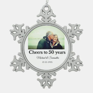 cheers to 50 years anniversary add name photo date snowflake pewter christmas ornament