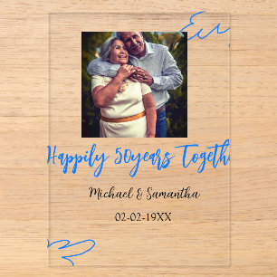 cheers to 50 years anniversary blue leaf photo nam acrylic invitations