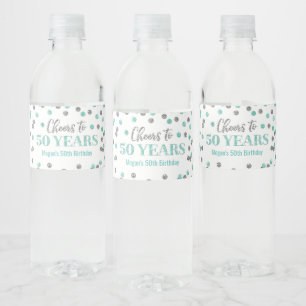 Cheers to 50 Years Aqua Silver Confetti Birthday Water Bottle Label