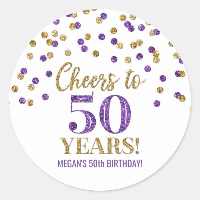 Cheers to 50 Years Birthday Gold Purple Confetti Classic Round Sticker (Front)