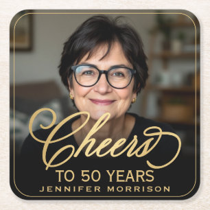 Cheers to 50 Years Birthday Photo Gold Black Square Paper Coaster