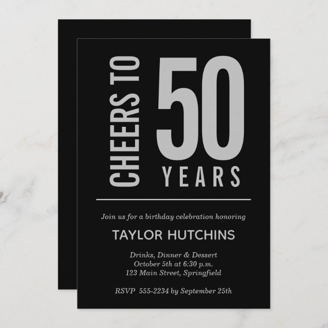 Cheers to 50 Years Black and Silver Birthday Invitation (Front/Back)