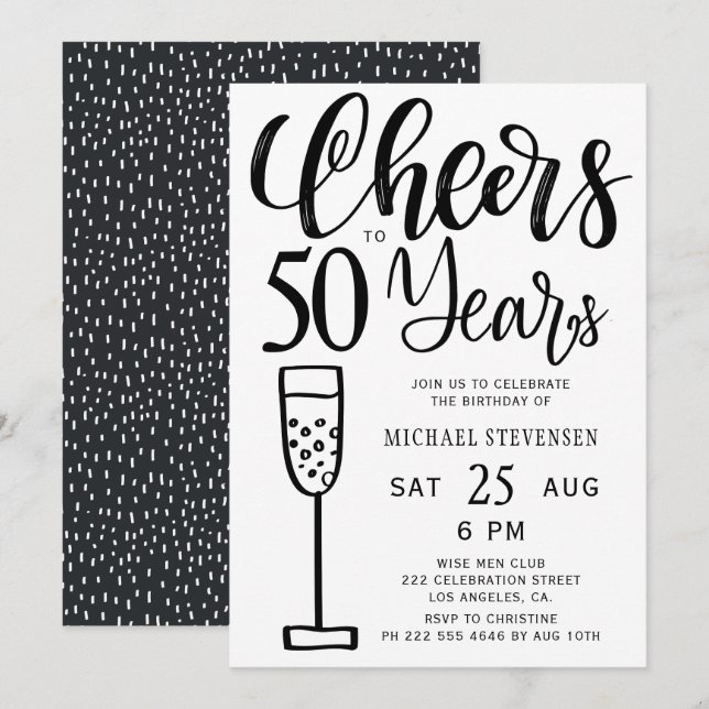 Cheers to 50 years black and white birthday party invitation (Front/Back)