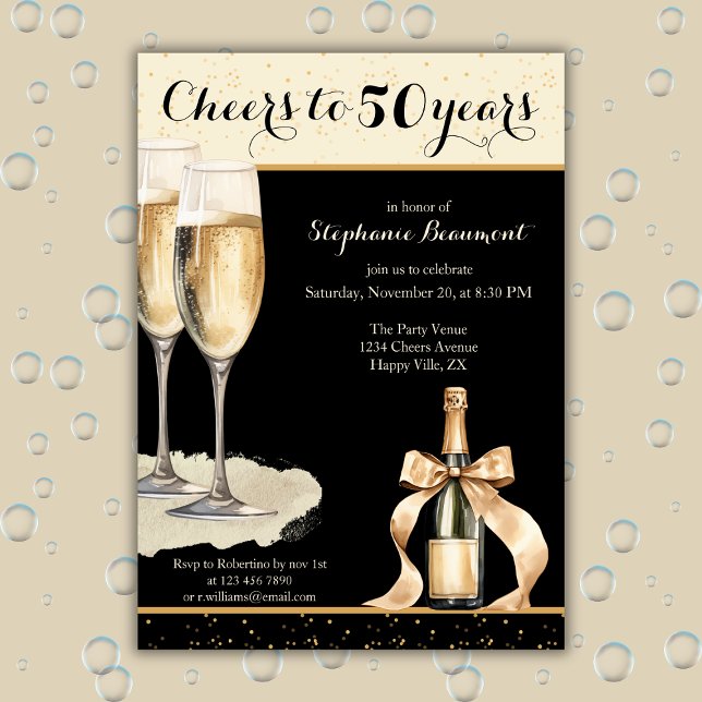 Cheers to 50 Years Black Champagne Birthday Invitation (Creator Uploaded)