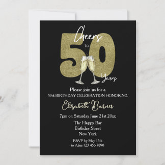 Cheers To 50 Years Black Gold Birthday Party Invitation