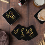 Cheers to 50 years custom birthday party favour square paper coaster<br><div class="desc">Modern gold bold typography script cheers to 50 years birthday party text personalized black drink coasters. Any age milestone birthday party supplies and thank you favours.</div>