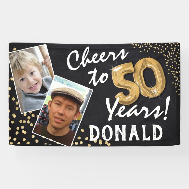 Cheers to 50 Years! Gold Balloons Photos Birthday Banner (Horizontal)