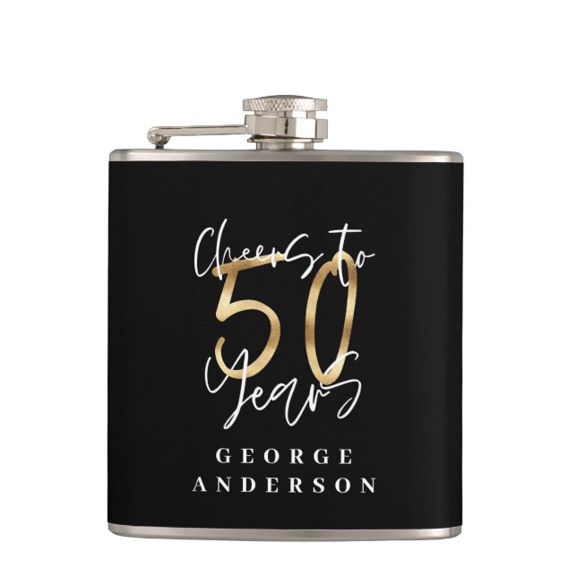 cheers to 50 years modern black and gold hip flask (Front)