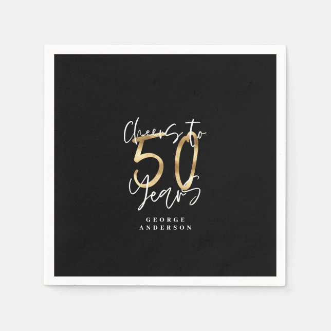 cheers to 50 years modern black and gold napkin (Front)