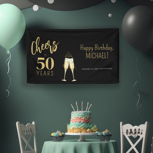 Cheers to 50 years modern gold black 50th birthday banner (Creator Uploaded)