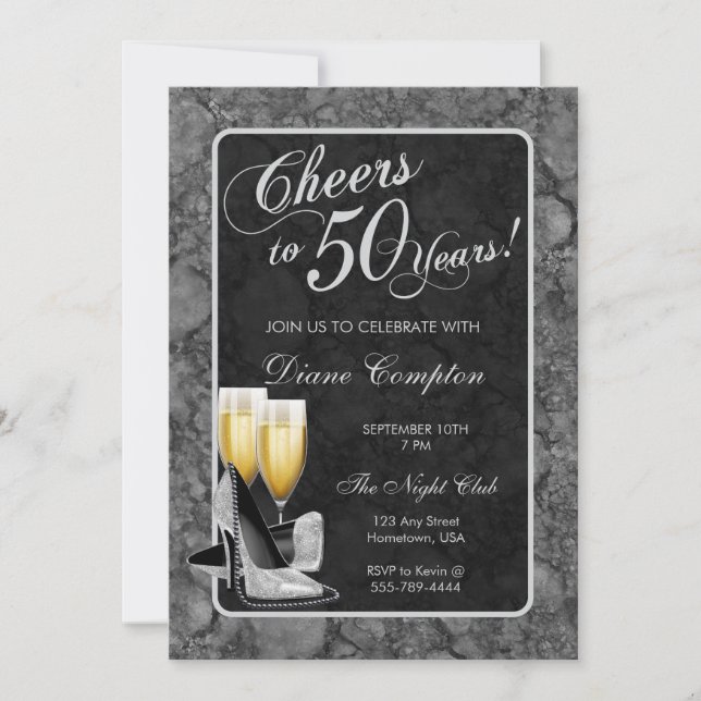 Cheers to 50 Years Silver and Black Birthday Invitation (Front)