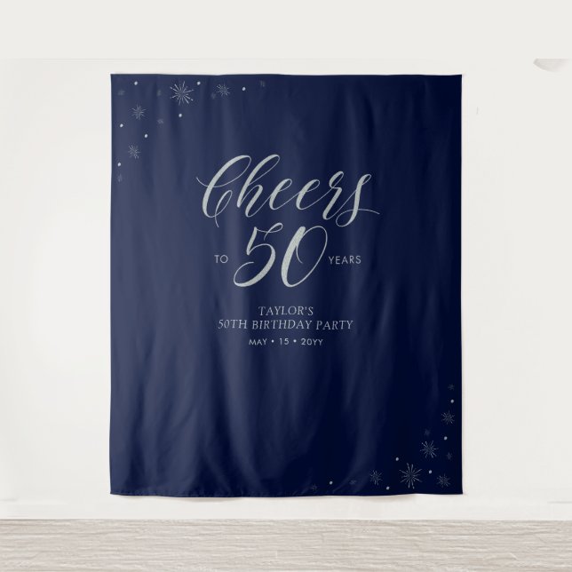 Cheers to 50 years | Silver & Navy Birthday Party Tapestry (Front)