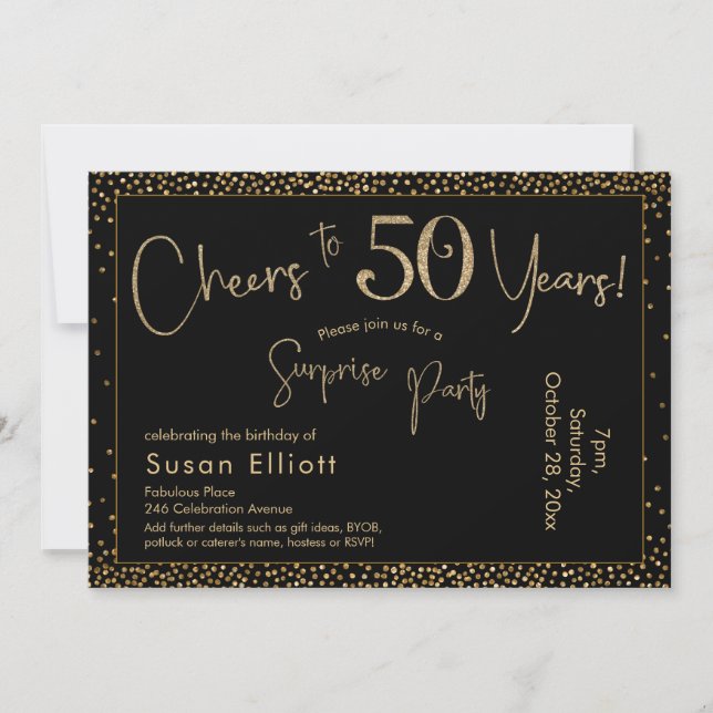 Cheers to 50 Years Surprise Birthday Gold & Black Invitation (Front)