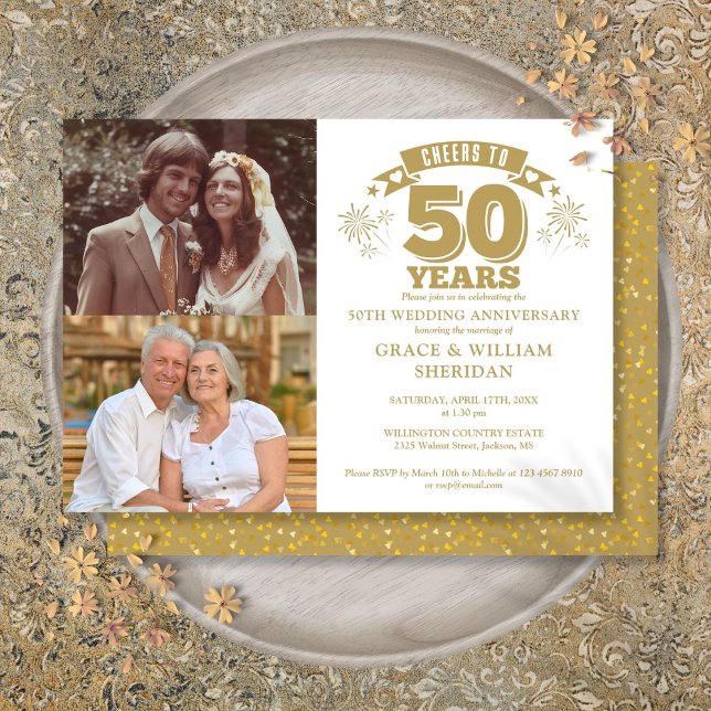 Cheers To 50th Wedding Anniversary 2 Photo Invitation (Cheers To 50th Wedding Anniversary 2 Photo Invitation)