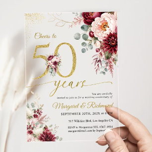 Cheers to 50th Wedding Anniversary Burgundy Gold Acrylic Invitations