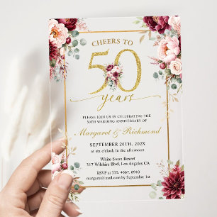 Cheers to 50th Wedding Anniversary Burgundy Gold Acrylic Invitations
