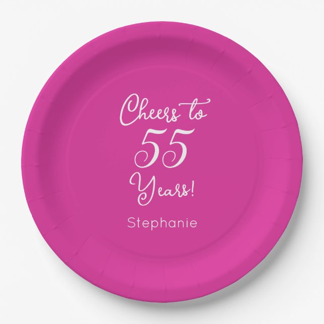 Cheers to 55 Years 55th Pink Birthday Paper Plate (Front)