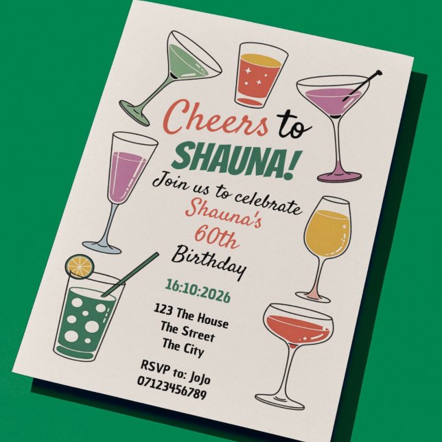 Cheers to 60! Colourful Cocktail-Themed 60th Birth Invitation (Creator Uploaded)