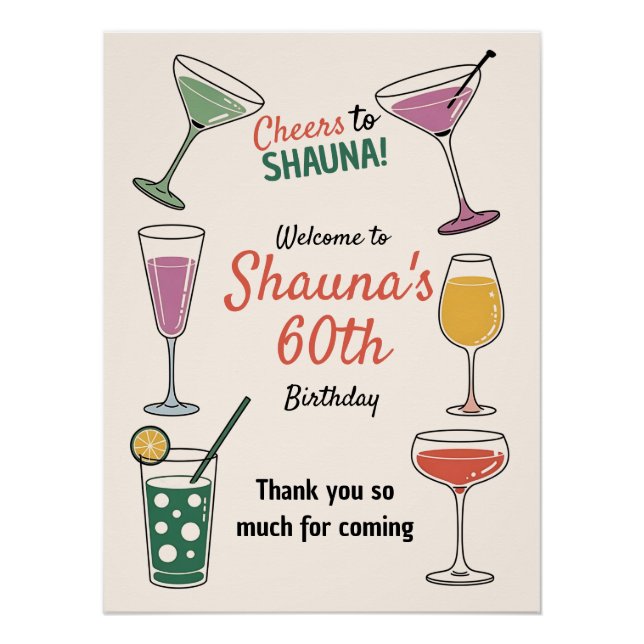 Cheers to 60! Colourful Cocktail-Themed 60th Birth Poster (Front)