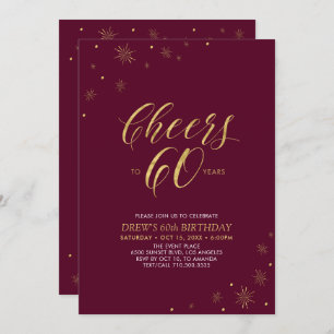 Cheers to 60   Gold & Burgundy 60th Birthday Party Invitation