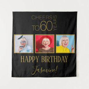 Cheers to 60 years 3 Photos Black Gold Elegant Tapestry