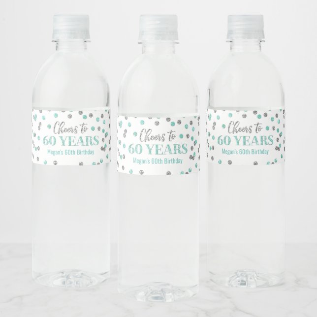 Cheers to 60 Years Aqua Silver Confetti Birthday Water Bottle Label (Bottles)