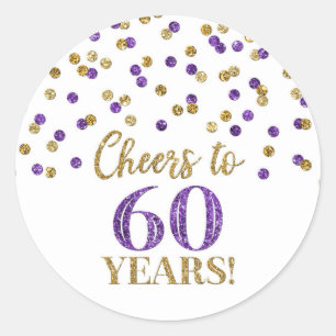 Cheers to 60 Years Birthday Gold Purple Confetti Classic Round Sticker
