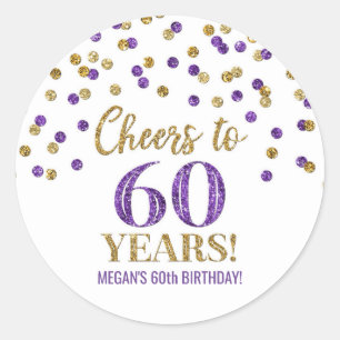 Cheers to 60 Years Birthday Gold Purple Confetti Classic Round Sticker