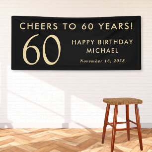 Cheers To 60 Years Black Gold 60th Birthday Party Banner