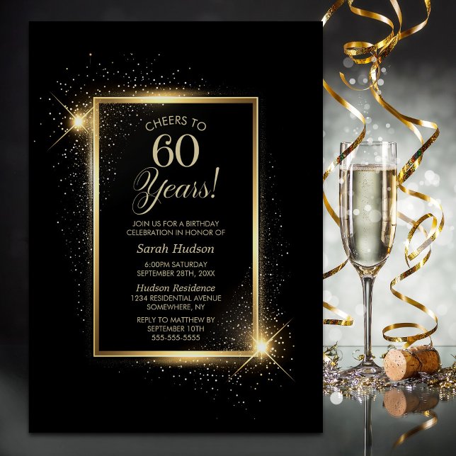 Cheers to 60 Years Black Gold Birthday Party Invitation (Creator Uploaded)