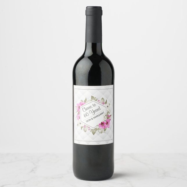 Cheers to 60 Years Diamond Geometric Pink Custom Wine Label (Front)