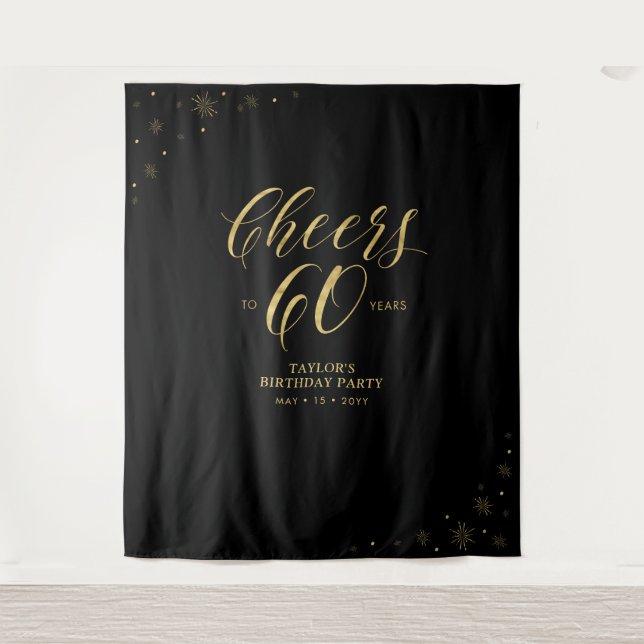 Cheers to 60 years | Gold & Black Birthday Party Tapestry (Front)